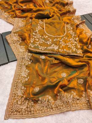Mustard embroidered threads zari work satin silk bollywood saree with blouse 5