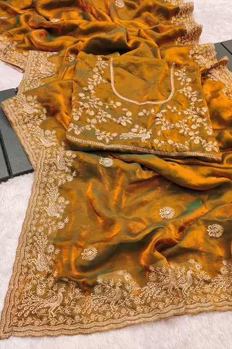 Mustard embroidered threads zari work satin silk bollywood saree with blouse