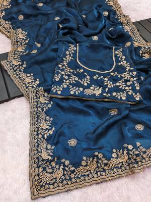 Teal blue embroidered threads zari work satin silk bollywood saree with blouse 5