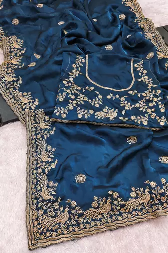 Teal blue embroidered threads zari work satin silk bollywood saree with blouse