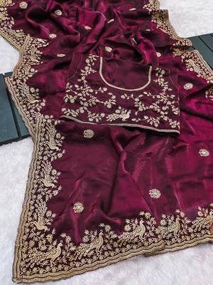 Wine embroidered threads zari work satin silk bollywood saree with blouse 5