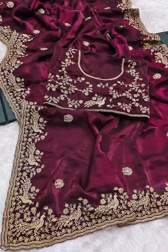 Wine embroidered threads zari work satin silk bollywood saree with blouse