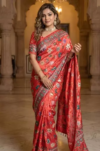 New Designer Roman Silk Ajarakh Print With Real Mirror work Women's Saree With Blouse Set