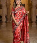 New Designer Roman Silk Ajarakh Print With Real Mirror work Women's Saree With Blouse Set