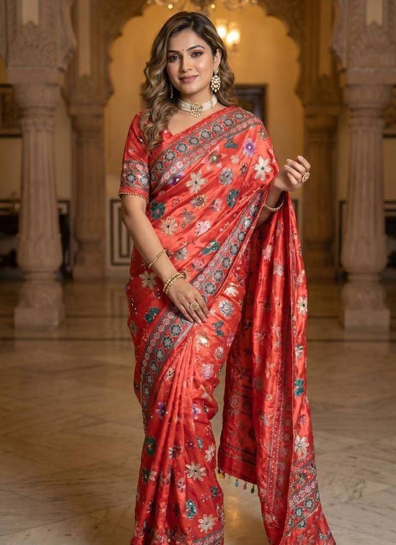New Designer Roman Silk Ajarakh Print With Real Mirror work Women's Saree With Blouse Set