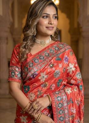 New Designer Roman Silk Ajarakh Print With Real Mirror work Women's Saree With Blouse Set 2