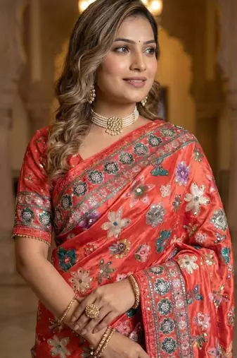 New Designer Roman Silk Ajarakh Print With Real Mirror work Women's Saree With Blouse Set