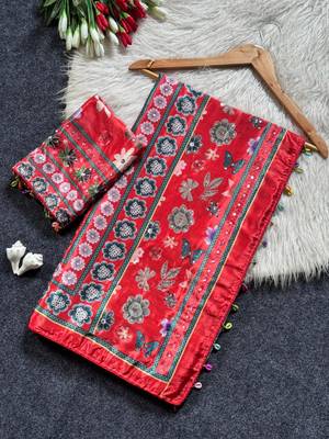 New Designer Roman Silk Ajarakh Print With Real Mirror work Women's Saree With Blouse Set 5