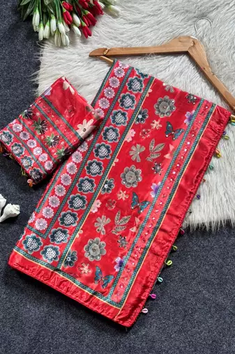 New Designer Roman Silk Ajarakh Print With Real Mirror work Women's Saree With Blouse Set