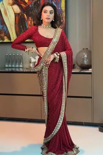 maroon sequin embroidered mirror work georgette saree with blouse