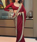 maroon sequin embroidered mirror work georgette saree with blouse