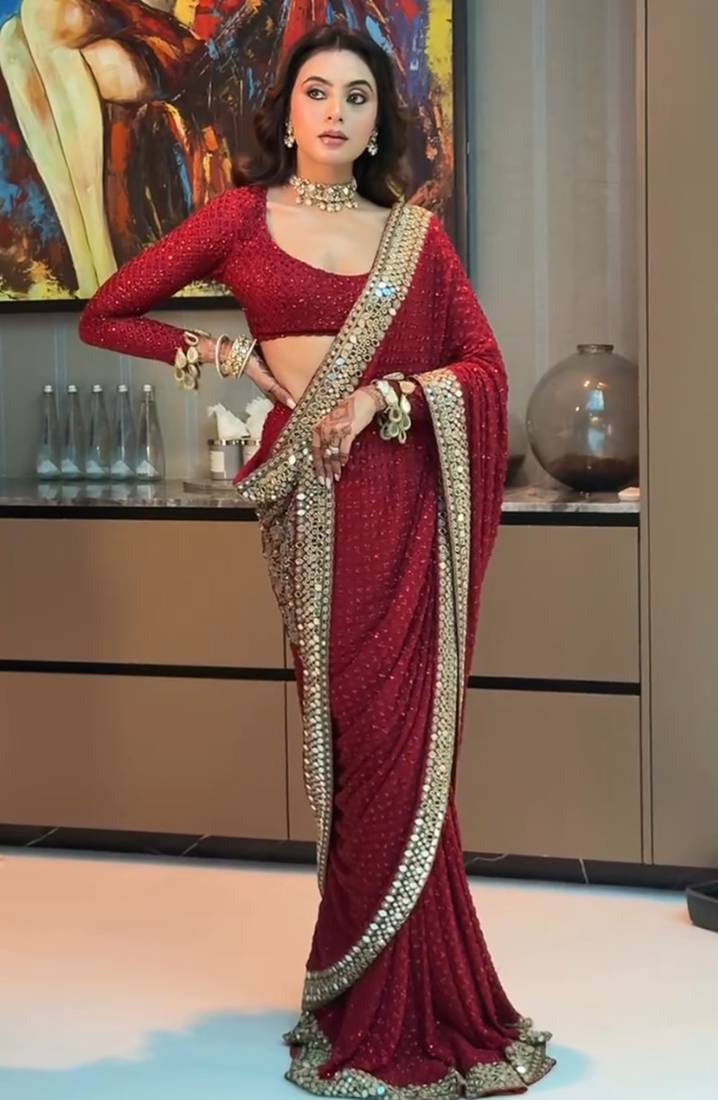 maroon sequin embroidered mirror work georgette saree with blouse