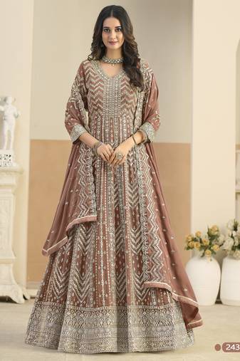 RUST COLOR ZARI WORK GEORGETTE SEMI STICHED DESIGN GOWN 