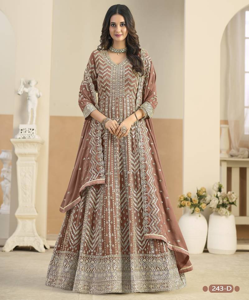 RUST COLOR ZARI WORK GEORGETTE SEMI STICHED DESIGN GOWN 
