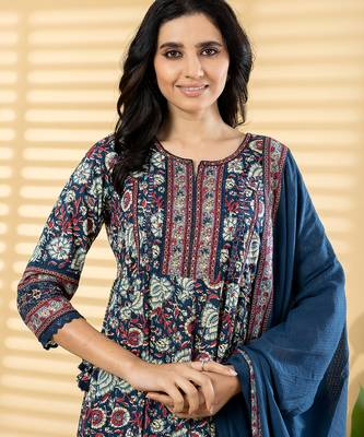 Women's pure cotton blue/multi embellished  hand block printed anarkali pattern full suit with straight pant & dupatta 2