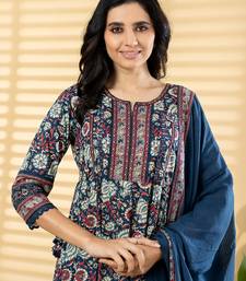 Women's pure cotton blue/multi embellished  hand block printed anarkali pattern full suit with straight pant & dupatta