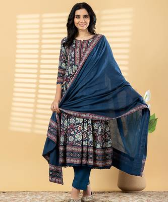 Women's pure cotton blue/multi embellished  hand block printed anarkali pattern full suit with straight pant & dupatta 1