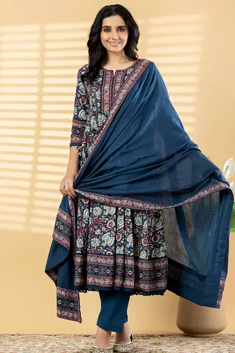 Women's pure cotton blue/multi embellished  hand block printed anarkali pattern full suit with straight pant & dupatta