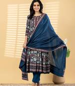 Women's pure cotton blue/multi embellished  hand block printed anarkali pattern full suit with straight pant & dupatta