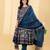 Women's pure cotton blue/multi embellished  hand block printed anarkali pattern full suit with straight pant & dupatta