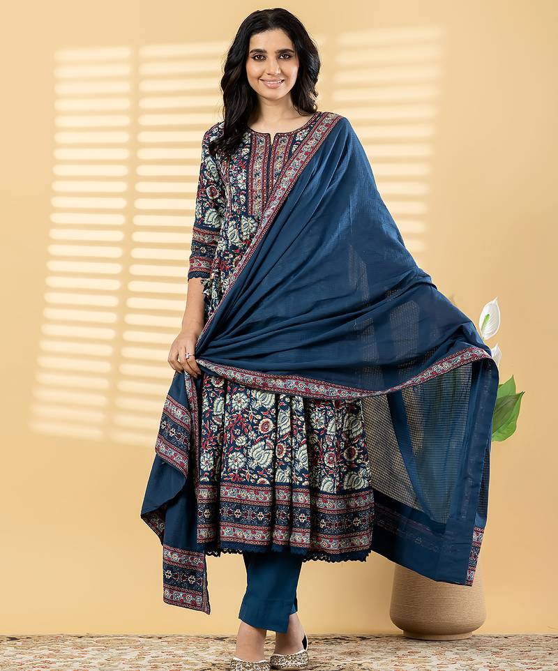Women's pure cotton blue/multi embellished  hand block printed anarkali pattern full suit with straight pant & dupatta