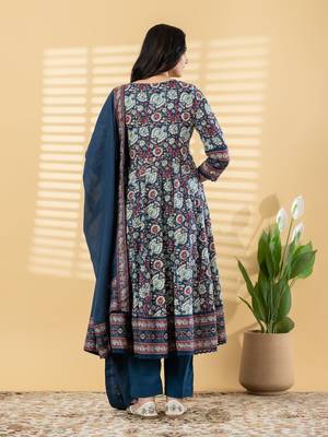 Women's pure cotton blue/multi embellished  hand block printed anarkali pattern full suit with straight pant & dupatta 4