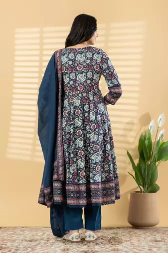 Women's pure cotton blue/multi embellished  hand block printed anarkali pattern full suit with straight pant & dupatta