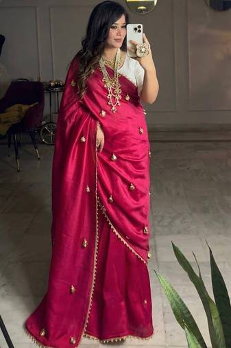 Red moti handwork,  latkan satin silk bollywood saree with blouse