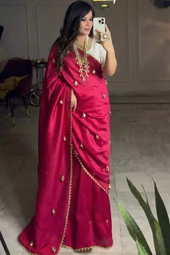 Red moti handwork,  latkan satin silk bollywood saree with blouse