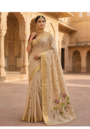 Cream Color Meenakari Zari weaving Work Cotton Saree 1