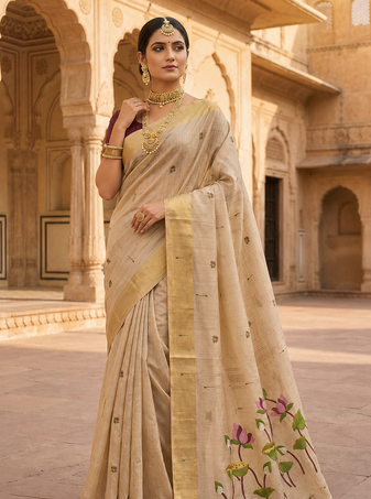 Cream Color Meenakari Zari weaving Work Cotton Saree