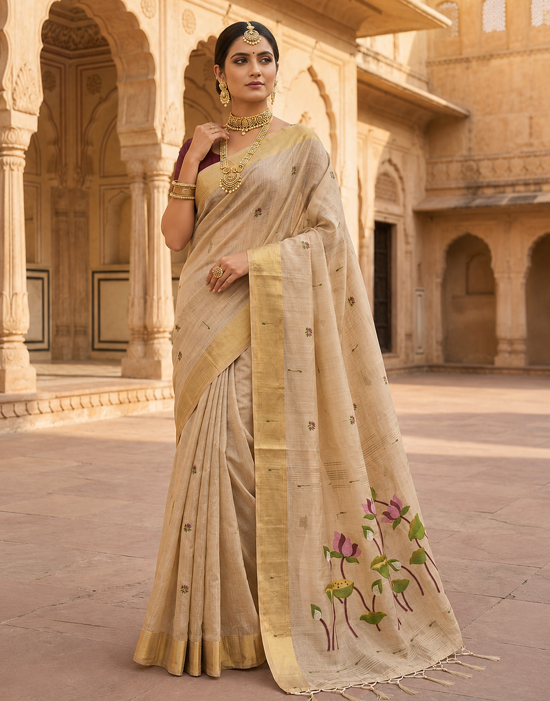 Cream Color Meenakari Zari weaving Work Cotton Saree