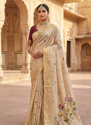 Cream Color Meenakari Zari weaving Work Cotton Saree 2