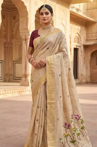 Cream Color Meenakari Zari weaving Work Cotton Saree