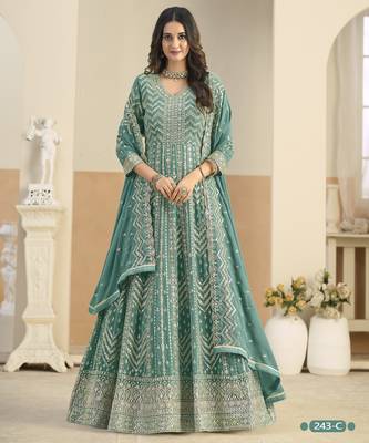 TEAL GREEN ZARI WORK GEORGETTE DESIGN GOWN  1