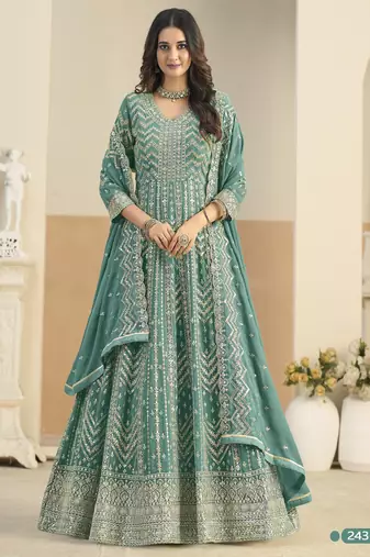 TEAL GREEN COLOR ZARI WORK GEORGETTE SEMI STICHED DESIGN GOWN 