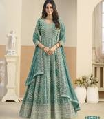 TEAL GREEN COLOR ZARI WORK GEORGETTE SEMI STICHED DESIGN GOWN 