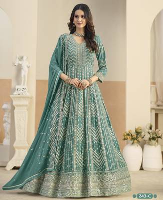 TEAL GREEN ZARI WORK GEORGETTE DESIGN GOWN  2