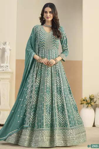 TEAL GREEN ZARI WORK GEORGETTE DESIGN GOWN 