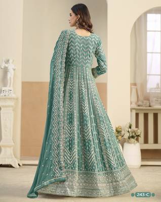 TEAL GREEN ZARI WORK GEORGETTE DESIGN GOWN  3