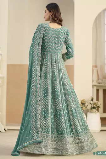 TEAL GREEN ZARI WORK GEORGETTE DESIGN GOWN 