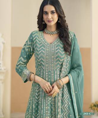 TEAL GREEN ZARI WORK GEORGETTE DESIGN GOWN  4