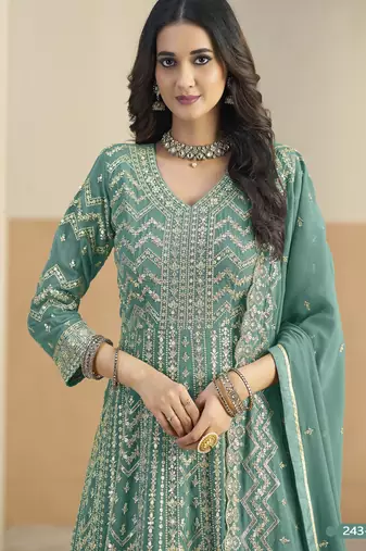 TEAL GREEN ZARI WORK GEORGETTE DESIGN GOWN 