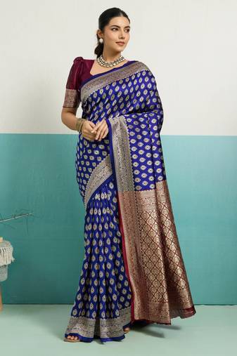 Violet banarasi art silk blend zari woven saree with unstitched blouse piece