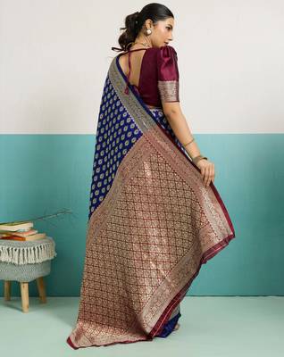 Violet banarasi art silk blend zari woven saree with unstitched blouse piece 3