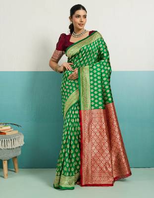 Green banarasi silk blend zari woven saree with unstitched blouse piece 1