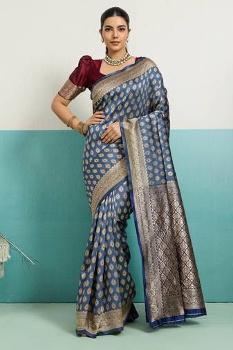 Grey banarasi art silk blend zari woven saree with unstitched blouse piece