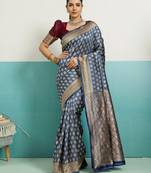 Grey banarasi art silk blend zari woven saree with unstitched blouse piece