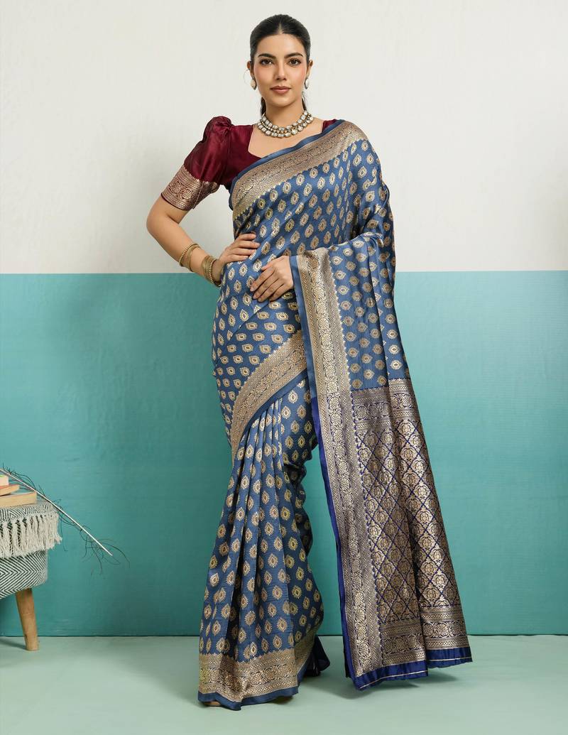 Grey banarasi art silk blend zari woven saree with unstitched blouse piece