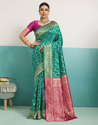 Turquoise banarasi art silk blend zari woven saree with unstitched blouse piece 1